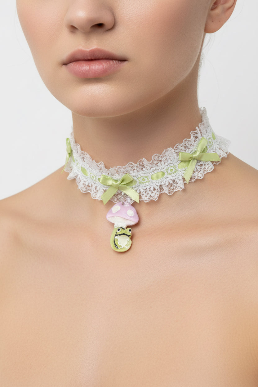 Cottagecore frog ribbon choker