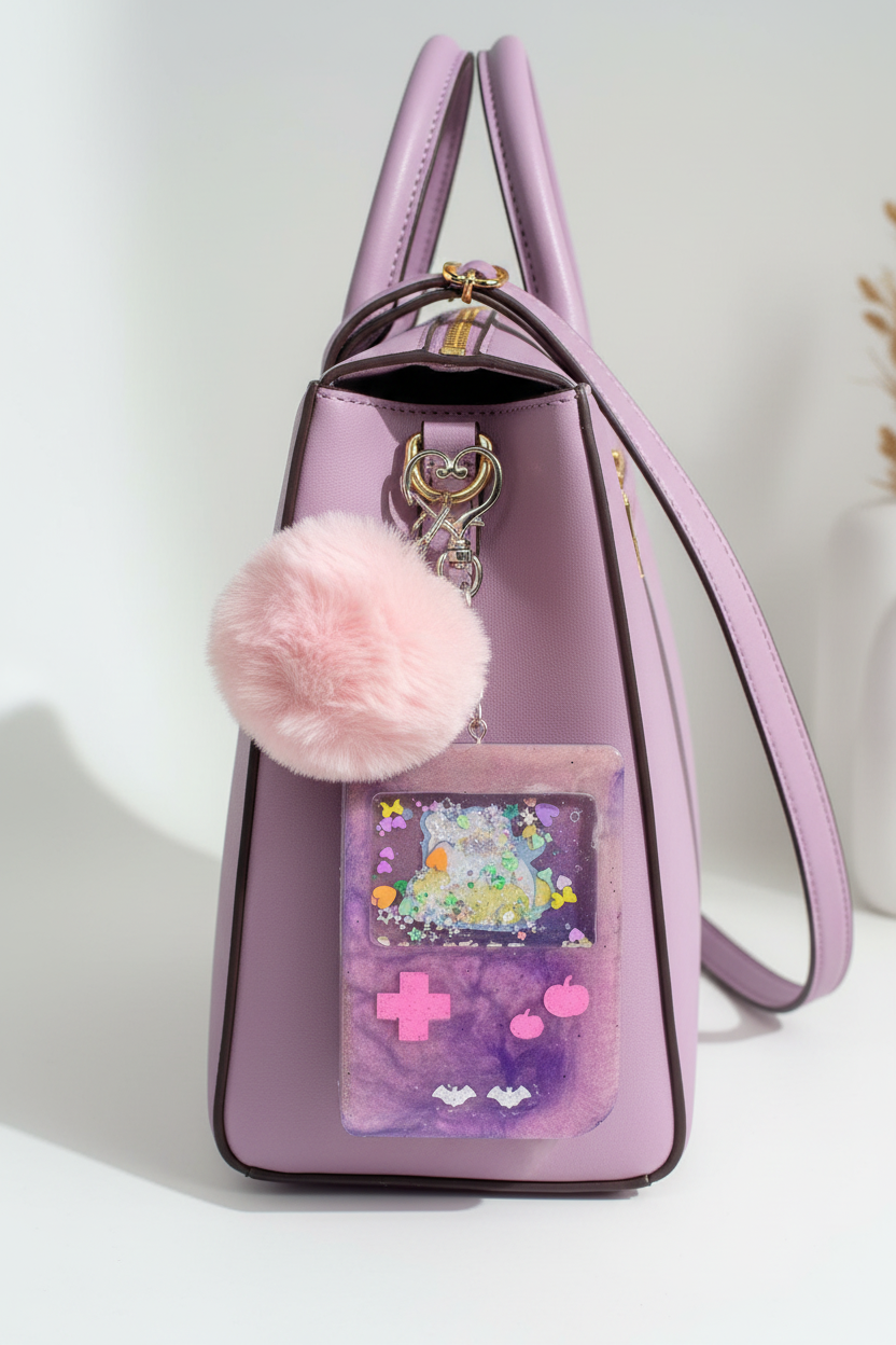 Pompom Purin dry shaker gameboy keychain purse lanyard handmade charm