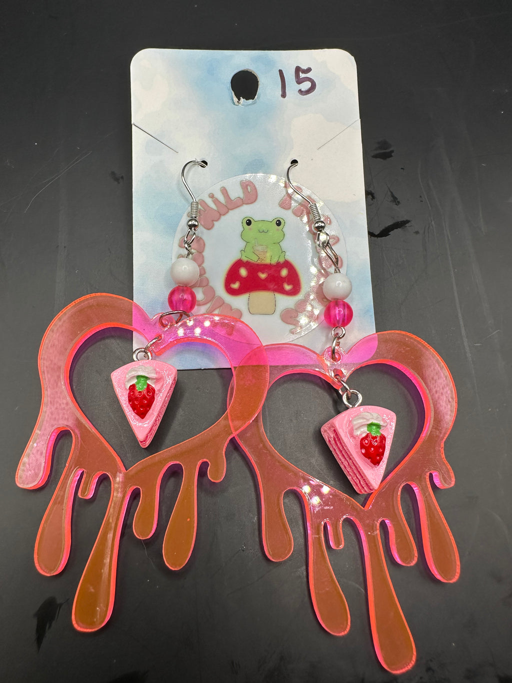 Strawberry cake drippy heart dangly earrings