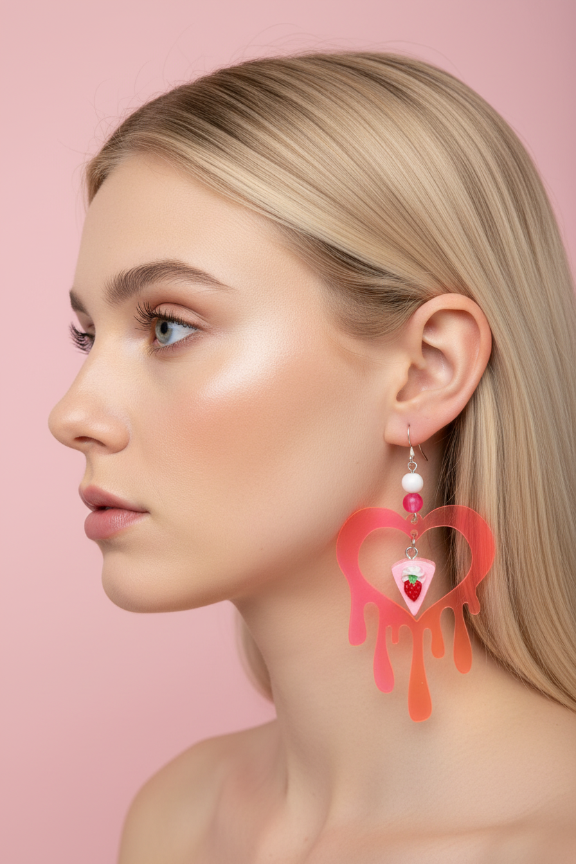 Strawberry cake drippy heart dangly earrings