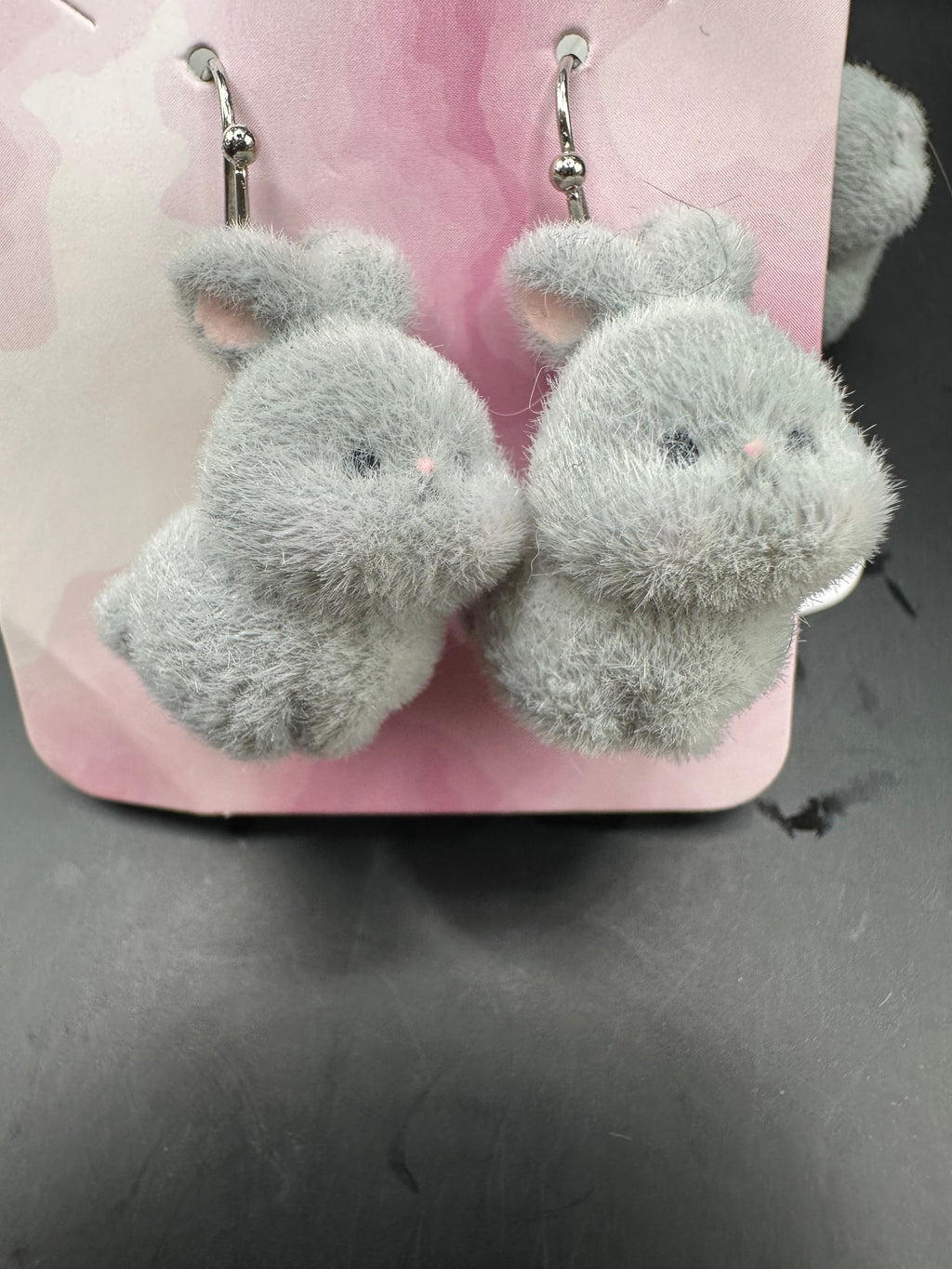 Flocked gray bunny dangly earrings