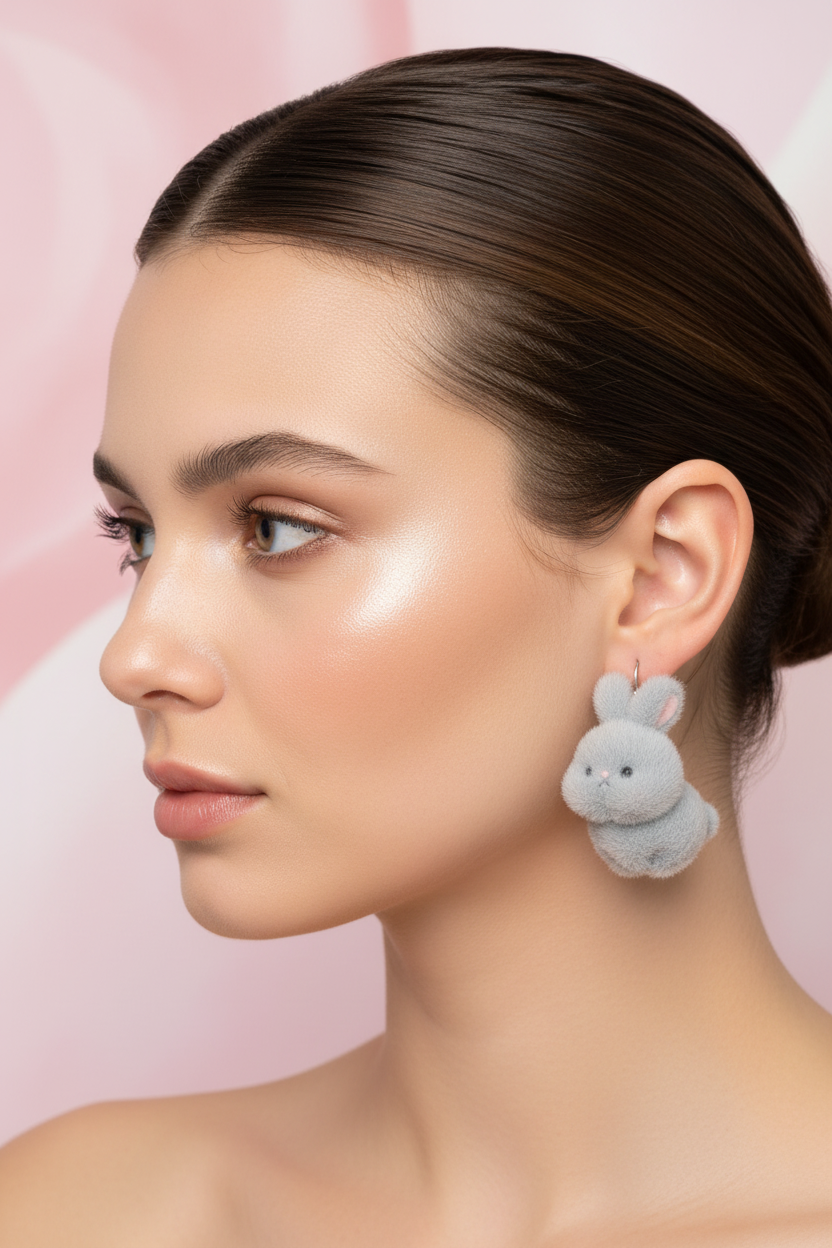 Flocked gray bunny dangly earrings