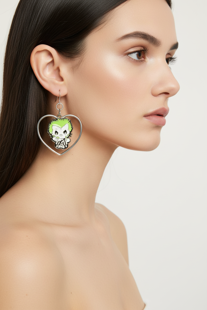 Enamel metal heart earrings with charms