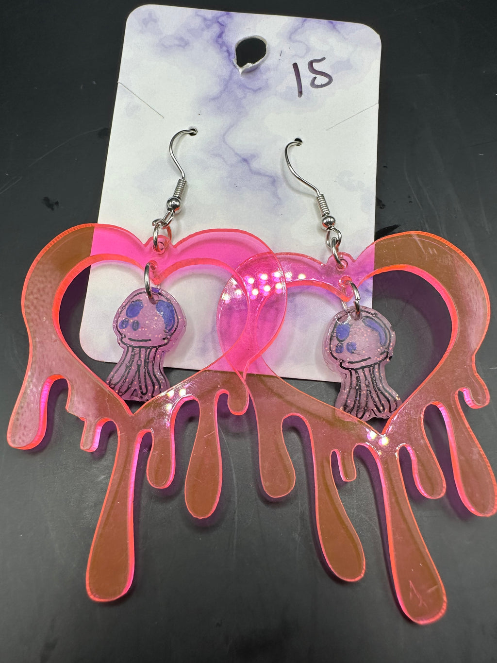 Acrylic dangly drippy heart SpongeBob jellyfish earrings
