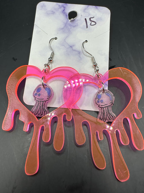 Acrylic dangly drippy heart SpongeBob jellyfish earrings