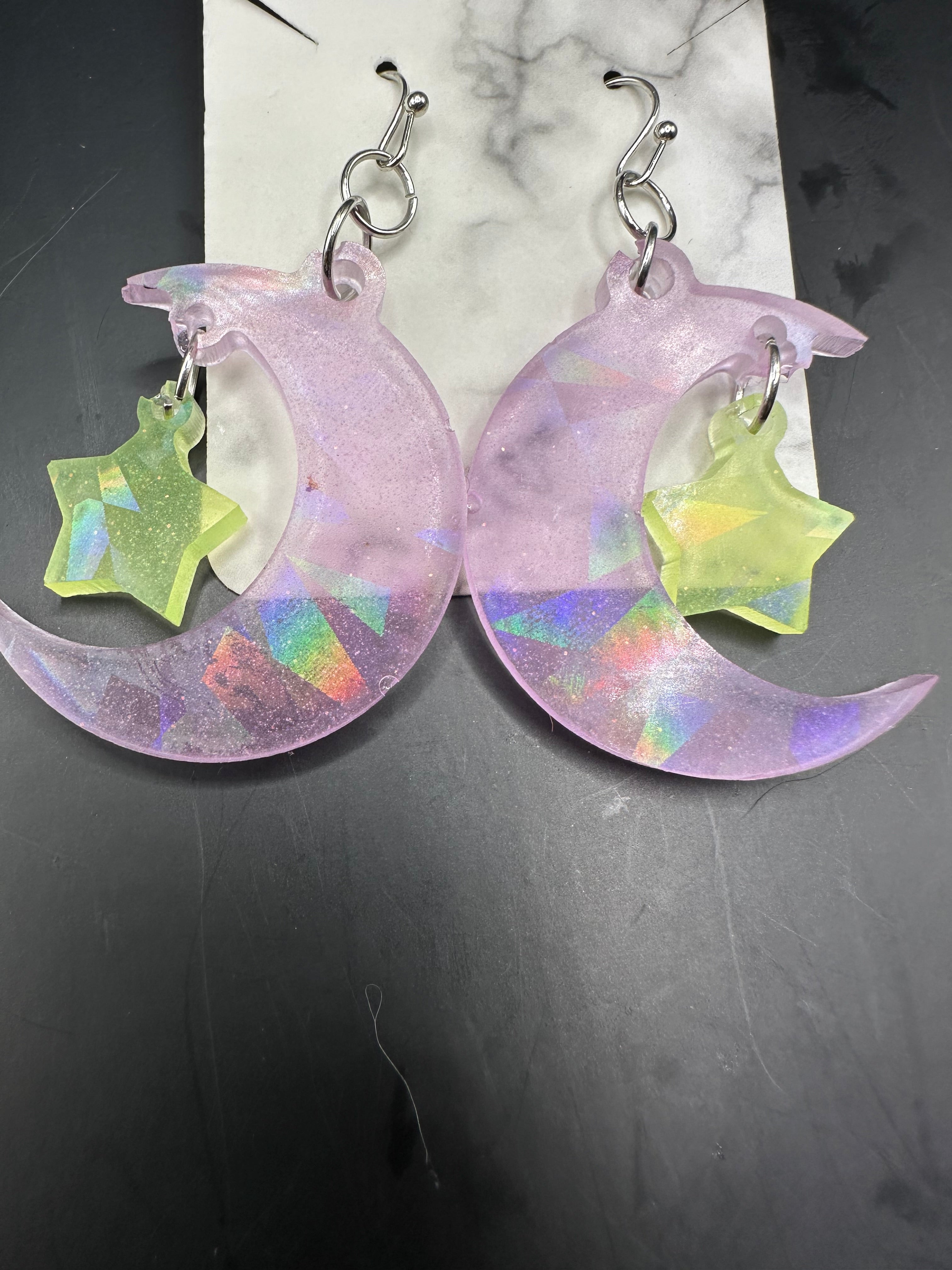 Moon and star holographic earrings
