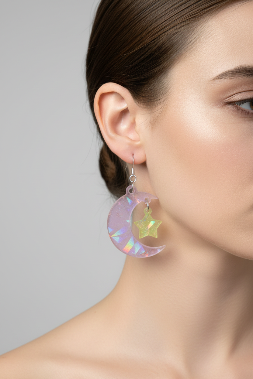 Moon and star holographic earrings