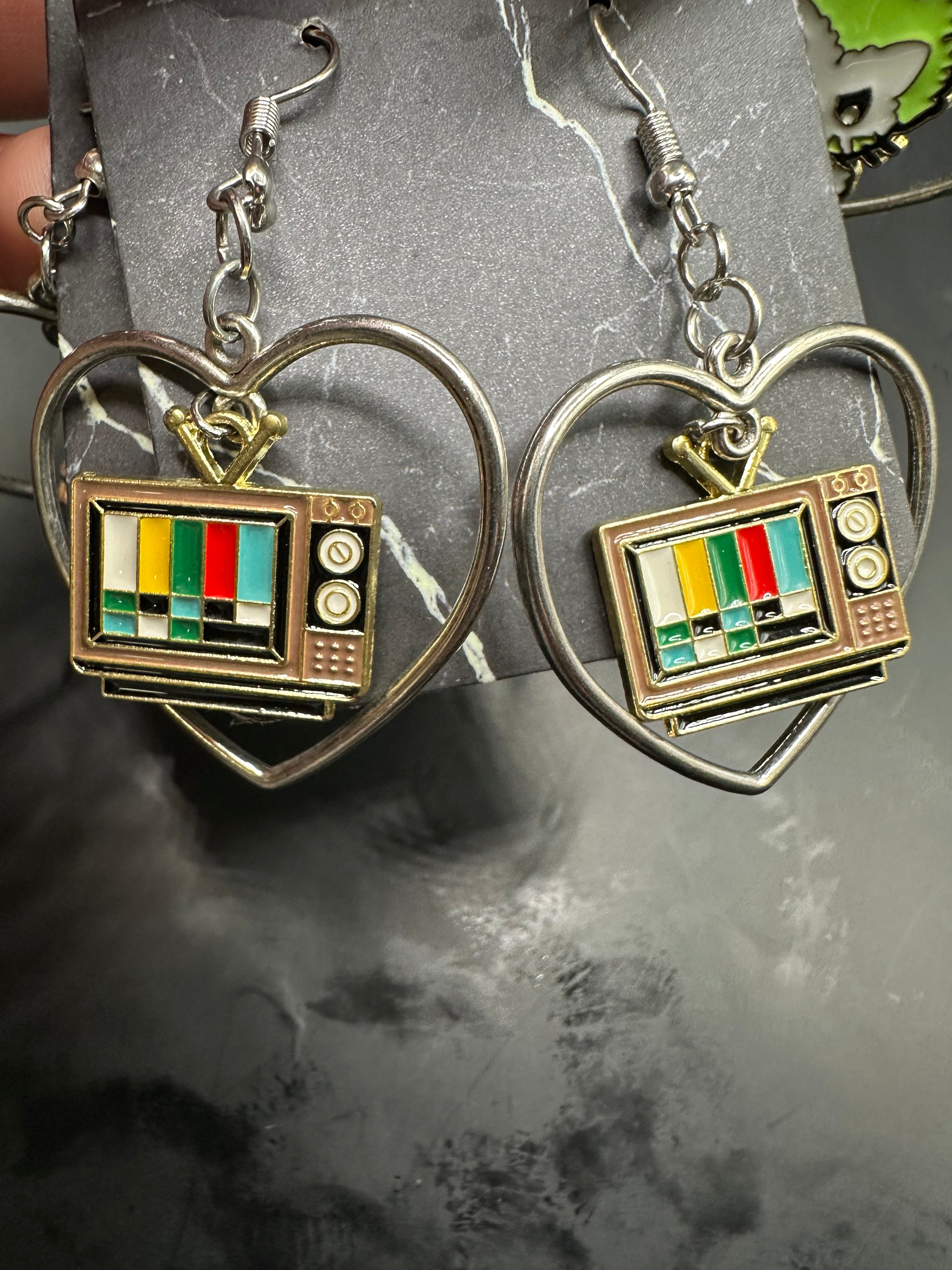 Enamel metal heart earrings with charms